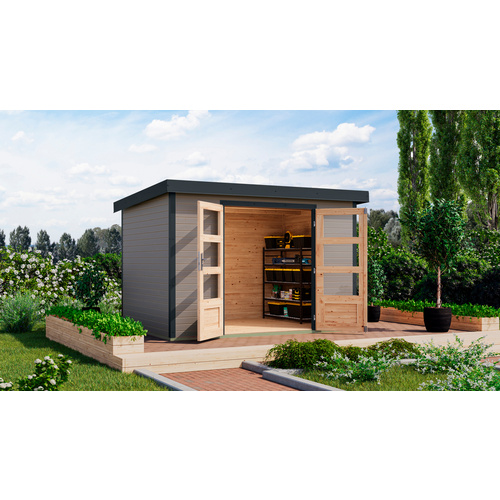 KARIBU Gartenhaus »Osterby 4 D«, BxHxT: 322 x 209 x 213 cm (Außenmaße inkl. Dachüberstand), Wandstärke 19 mm - grau KARIBU Gartenhaus »Osterby 4 D«, BxHxT: 322 x 209 x 213 cm (Außenmaße inkl. Dachüberstand), Wandstärke 19 mm - grau