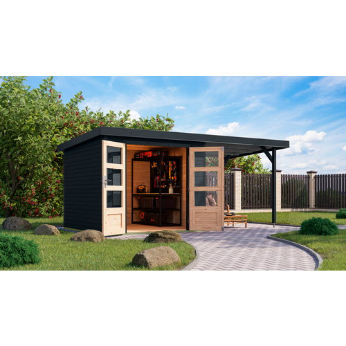 KARIBU Gartenhaus »Osterby 3,5 C«, BxHxT: 482 x 209 x 242 cm (Außenmaße inkl. Dachüberstand), Wandstärke 19 mm - grau