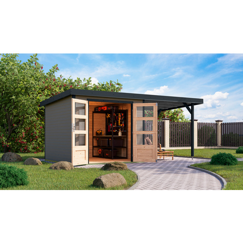 KARIBU Gartenhaus »Osterby 3,5 D«, BxHxT: 482 x 209 x 242 cm (Außenmaße inkl. Dachüberstand), Wandstärke 19 mm - grau |  Fichte  |  5,76 m²
