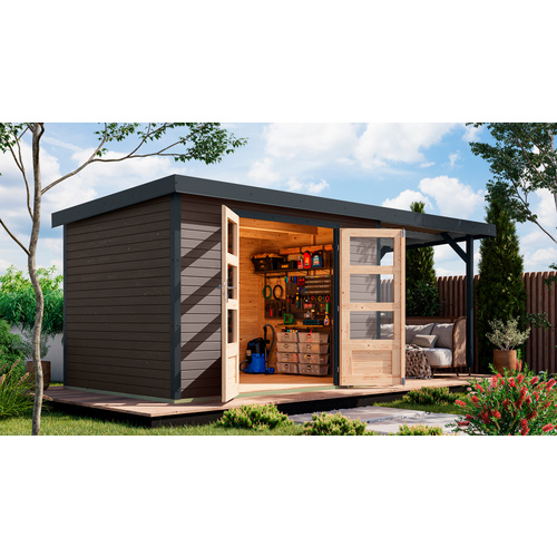 KARIBU Gartenhaus »Osterby 4 B«, BxHxT: 538,5 x 209 x 213 cm (Außenmaße inkl. Dachüberstand), Wandstärke 19 mm - grau |  Fichte  |  6,35 m²