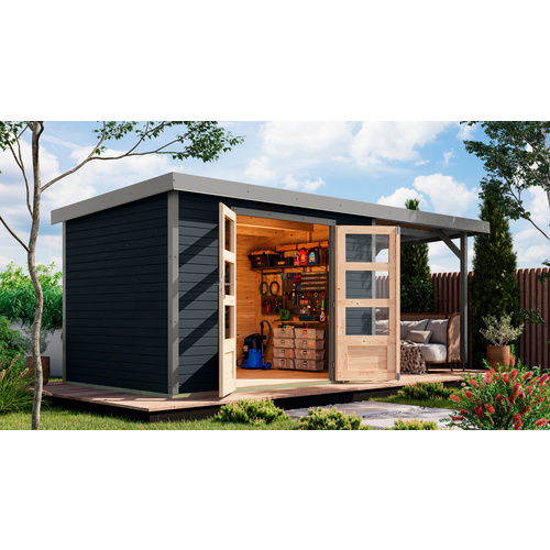 KARIBU Gartenhaus »Osterby 4 C«, BxHxT: 538,5 x 209 x 213 cm (Außenmaße inkl. Dachüberstand), Wandstärke 19 mm - grau |  Fichte  |  6,35 m²