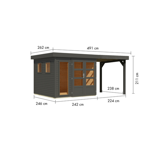 KARIBU Ferienhaus »Lahar 3,5«, BxHxT: 491 x 211 x 242 cm (Außenmaße inkl. Dachüberstand), Wandstärke 19 mm - grau |  Fichte  |  5,76 m²