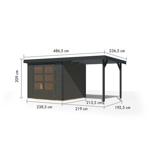 KARIBU Gartenhaus »Osterby 3 B«, BxHxT: 488,5 x 209 x 213 cm (Außenmaße inkl. Dachüberstand), Wandstärke 19 mm - grau |  Fichte  |  5,05 m²