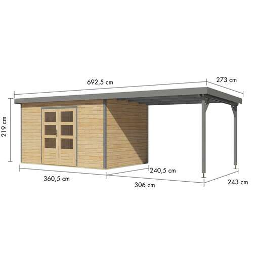 KARIBU Gartenhaus »Haby 7 A«, BxHxT: 693 x 219 x 240 cm (Außenmaße inkl. Dachüberstand), Wandstärke 28 mm - braun |  Fichte  |  8,6 m²