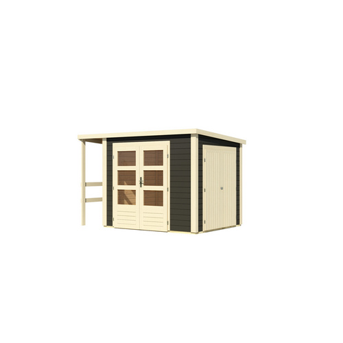 KARIBU Gartenhaus, BxHxT: 439 x 209 x 199,6 cm (Außenmaße inkl. Dachüberstand), Wandstärke 28 mm - grau |  Fichte  |  4,87 m²