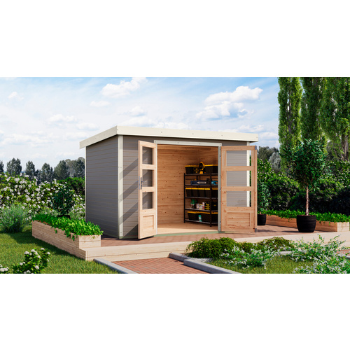 KARIBU Gartenhaus »Osterby 4 D«, BxHxT: 322,5 x 209 x 213 cm (Außenmaße inkl. Dachüberstand), Wandstärke 19 mm - grau |  Fichte  |  6,35 m²