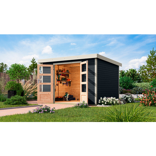 KARIBU Ferienhaus »Osterby 5 C«, BxHxT: 320 x 209 x 242 cm (Außenmaße inkl. Dachüberstand), Wandstärke 19 mm - grau |  Fichte  |  7,21 m²