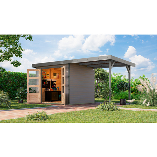 KARIBU Gartenhaus »Osterby 3 D«, BxHxT: 488,5 x 209 x 213 cm (Außenmaße inkl. Dachüberstand), Wandstärke 19 mm - grau