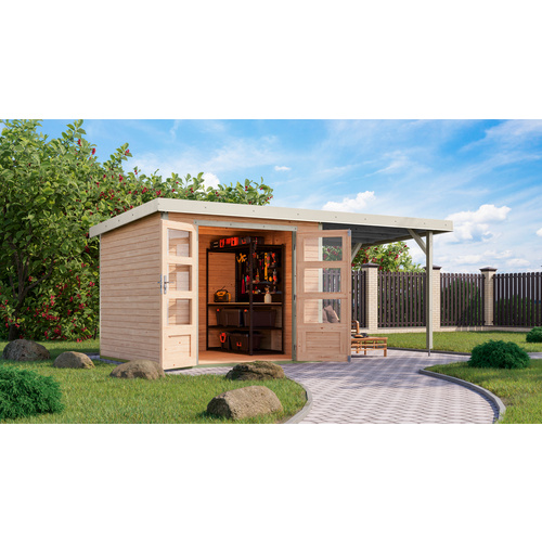 Thumbnail - KARIBU Gartenhaus »Osterby 3,5 A«, BxHxT: 482,5 x 209 x 242 cm (Außenmaße inkl. Dachüberstand), Wandstärke 19 mm - braun