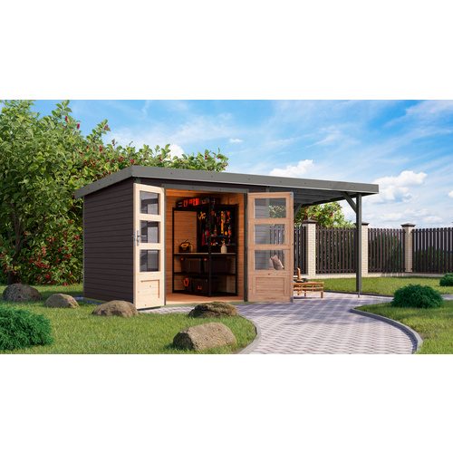 KARIBU Gartenhaus »Osterby 3,5 B«, BxHxT: 482 x 209 x 242 cm (Außenmaße inkl. Dachüberstand), Wandstärke 19 mm - grau |  Fichte  |  5,76 m²