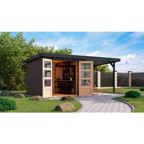KARIBU Gartenhaus »Osterby 3,5 B«, BxHxT: 482 x 209 x 242 cm (Außenmaße inkl. Dachüberstand), Wandstärke 19 mm - grau |  Fichte  |  5,76 m²