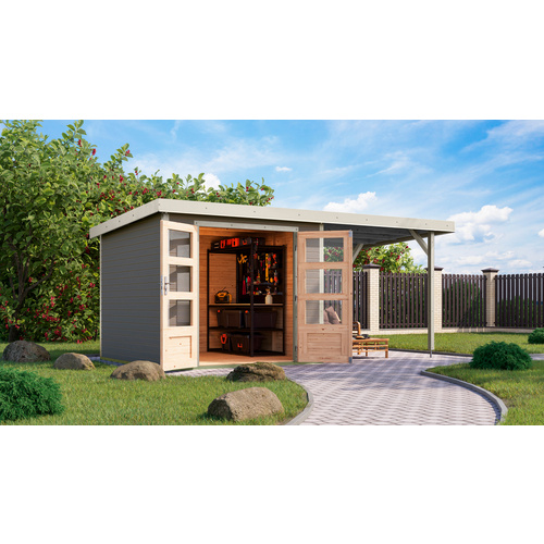 KARIBU Ferienhaus »Osterby 3,5 D«, BxHxT: 482 x 209 x 242 cm (Außenmaße inkl. Dachüberstand), Wandstärke 19 mm - grau |  Fichte  |  5,76 m²