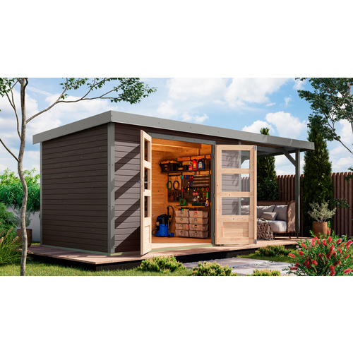 KARIBU Ferienhaus »Osterby 4 B«, BxHxT: 538 x 209 x 213 cm (Außenmaße inkl. Dachüberstand), Wandstärke 19 mm - grau |  Fichte  |  6,35 m²