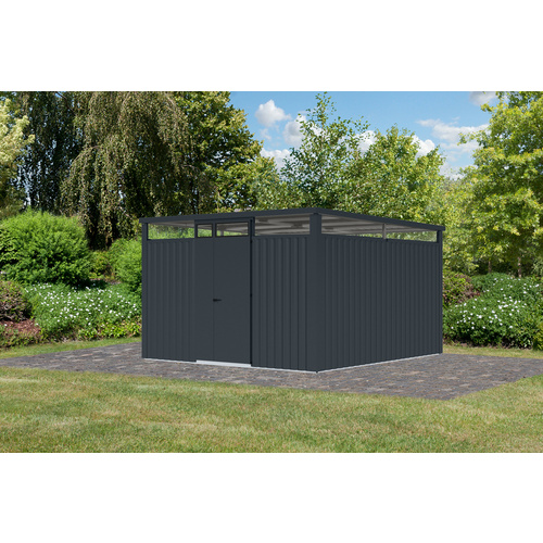 KARIBU Gartenhaus »Osten 3,5«, BxHxT: 348 x 220 x 11,5 cm, (Außenmaße inkl. Dachüberstand), Wandstärke 0,5 mm - grau