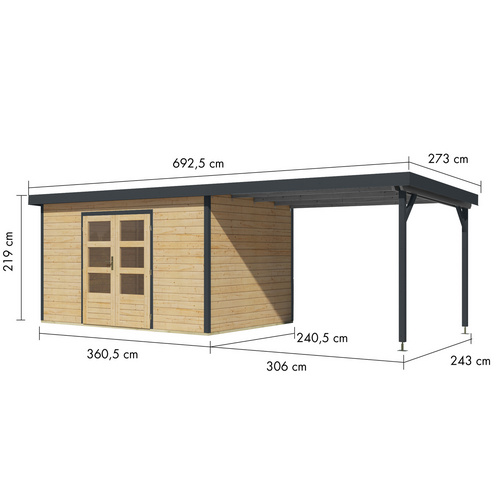 KARIBU Gartenhaus »Haby 7 A«, BxHxT: 693,5 x 219 x 240 cm (Außenmaße inkl. Dachüberstand), Wandstärke 28 mm - braun |  Fichte  |  8,6 m²