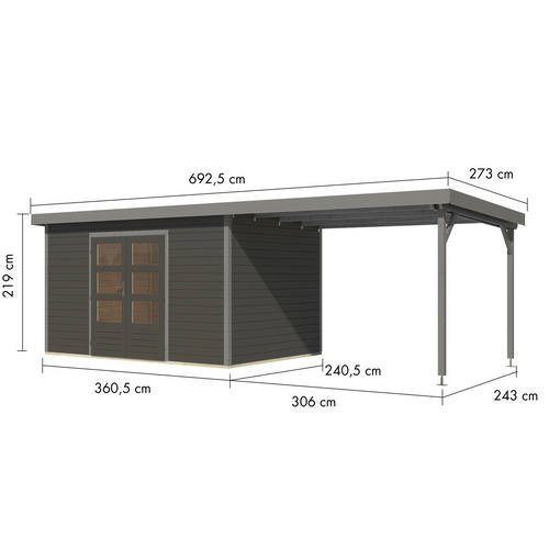 KARIBU Gartenhaus »Haby 7 B«, BxHxT: 693 x 219 x 240 cm (Außenmaße inkl. Dachüberstand), Wandstärke 28 mm - grau |  Fichte  |  8,6 m²