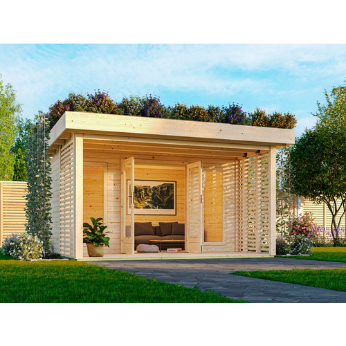 KARIBU Gartenhaus »Lily«, BxHxT: 444,5 x 238 x 393 cm (Außenmaße inkl. Dachüberstand), Wandstärke 38 mm - braun |  Fichte  |  15,72 m²