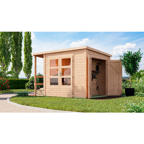 KARIBU Gartenhaus, BxHxT: 439 x 209 x 199,6 cm (Außenmaße inkl. Dachüberstand), Wandstärke 28 mm - braun |  Fichte  |  4,87 m²