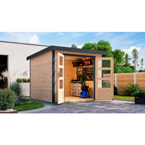 KARIBU Gartenhaus »Osterby 3,5 A«, BxHxT: 266,5 x 209 x 242 cm (Außenmaße inkl. Dachüberstand), Wandstärke 19 mm - braun