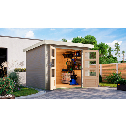 KARIBU Gartenhaus »Osterby 3,5 D«, BxHxT: 266 x 209 x 242 cm (Außenmaße inkl. Dachüberstand), Wandstärke 19 mm - grau |  Fichte  |  5,76 m²