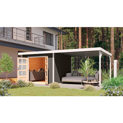KARIBU Gartenhaus »Haby B«, Außenmaß (BxHxT): 574 x 218,5 x 271 cm, terragrau/weiß, Anbaudach 3m |  Holz  |  7 m²
