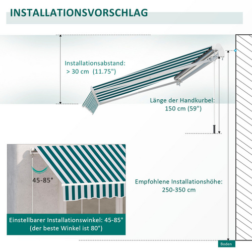 Thumbnail - Outsunny Markise, Handkurbel, LxBxH: 395 x 245 x 350 cm - weiss | gruen