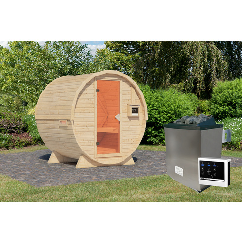 Thumbnail - KARIBU Fasssauna »Lauvas«, BxTxH: 225 x 175 x 229 cm, 9 kW Ofen mit externe Steuerung, für 3 Personen - braun