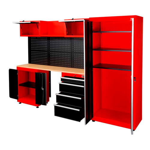 Thumbnail - HOLZMANN-MASCHINEN Profi Werkbank »WESS13«, inkl. Schrank und Lochplatte, rot/schwarz - schwarz | rot