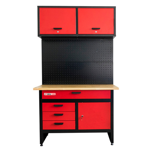 Image of HOLZMANN-MASCHINEN Werkbank »WHL1200«, mit Hängeschrank und Lochwand, schwarz/rot