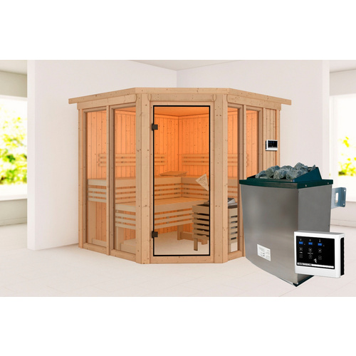 Thumbnail - KARIBU Sauna »Riisa«, BxTxH: 210 x 210 x 202 cm, 9 kW Ofen mit externe Steuerung , für 4 Personen - beige
