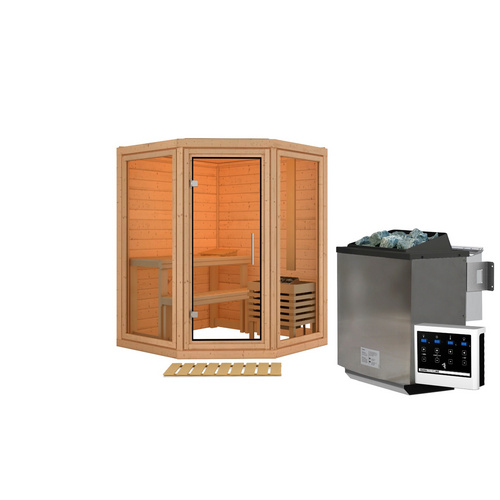Thumbnail - KARIBU Sauna »Udema«, BxTxH: 158 x 158 x 207 cm, 9 kW Bio-Ofen mit externe Steuerung , für 2 Personen - beige