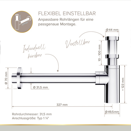 Thumbnail - LENZ Flaschensiphon »JURI«, Ø: 32 mm, 1 1/4" - silberfarben