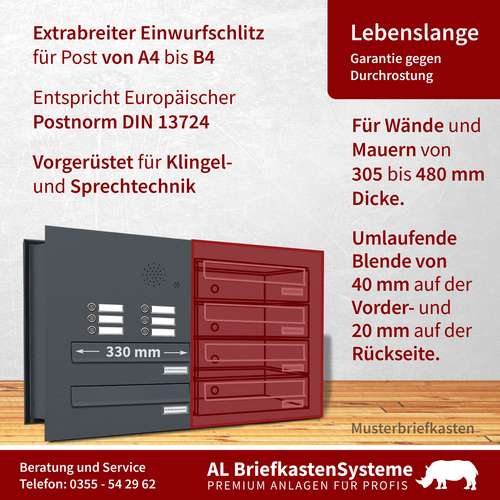 Thumbnail - AL BRIEFKASTENSYSTEME Briefkasten, Parteien: 6, Mauerdurchwurf, BxHxT: 76,8 x 46 x 48,0 cm - grau