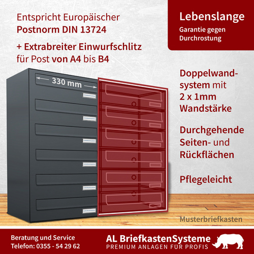 Thumbnail - AL BRIEFKASTENSYSTEME Briefkasten, Parteien: 8, BxHxT: 76,8 x 46 x 27,5 cm - grau