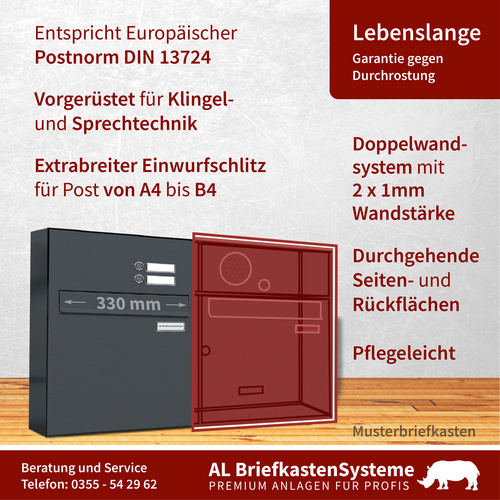 Thumbnail - AL BRIEFKASTENSYSTEME Briefkasten, Parteien: 4, Zaundurchwurf, BxHxT: 153,206 x 79,8 x 11,6 cm - grau