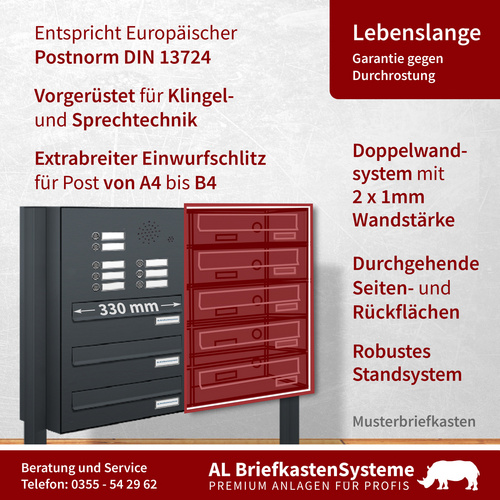 Thumbnail - AL BRIEFKASTENSYSTEME Briefkasten, Parteien: 8, Zaundurchwurf, BxHxT: 153,404 x 150,0 x 27,5 cm - grau
