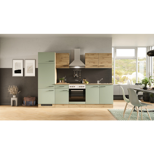 Thumbnail - Flex-Well Küchenzeile »Cara«, mit E-Geräten, Gesamtbreite: 270 cm, Dekor: Schilfgrün matt / Artisan Eiche - gruen