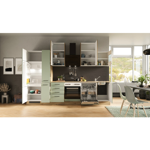 Thumbnail - Flex-Well Küchenzeile »Cara«, mit E-Geräten, Gesamtbreite: 310 cm, Dekor: Schilfgrün matt / Artisan Eiche - gruen