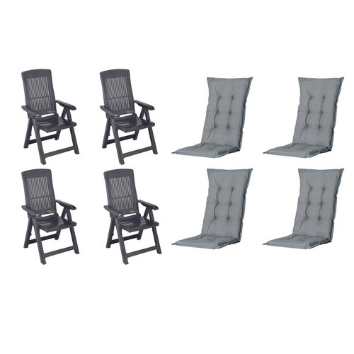 MADISON Gartenmöbelset »SET Tampa«, 4 x Klappsessel anthrazit, 4 x Auflage grau
