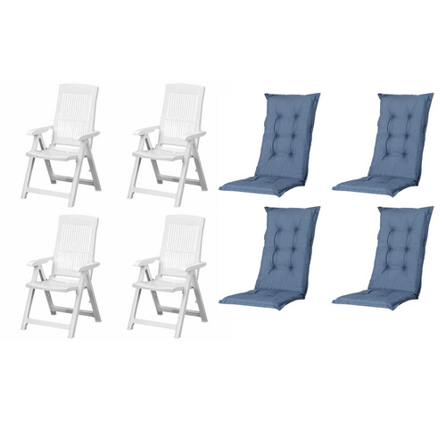 MADISON Gartenmöbelset »SET Tampa«, 4 x Klappsessel weiß, 4 x Auflage kobalt - weiss