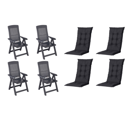 MADISON Gartenmöbelset »SET Tampa«, 4 x Klappsessel anthrazit, 4 x Auflage black - grau