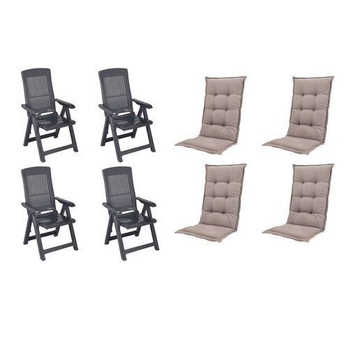 MADISON Gartenmöbelset »SET Tampa«, 4 x Klappsessel anthrazit, 4 x Auflage taupe - grau