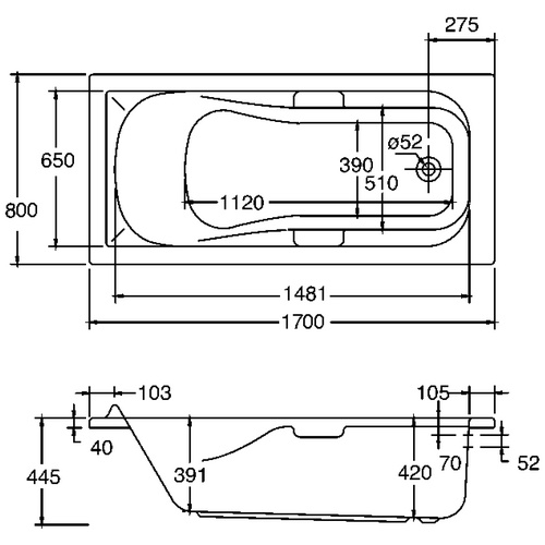 OTTOFOND Badewanne »Korfu«, BxHxL: 80 x 42 x 170 cm, rechteckig - weiss