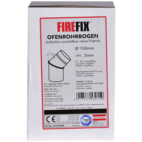 FIREFIX® Rohrbogen, Ø: 15 cm, Stärke: 2 mm, Stahl - schwarz