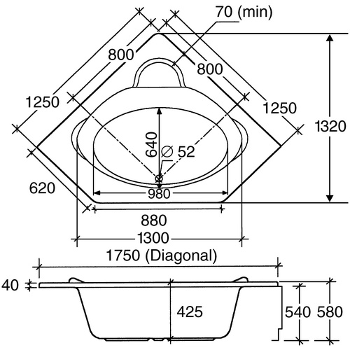 OTTOFOND Badewanne »Miami«, BxHxL: 125 x 42,5 x 125 cm, trapezförmig - weiss