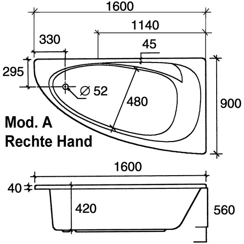 OTTOFOND Badewanne »Marina«, BxHxL: 90 x 42 x 160 cm, trapezförmig - weiss