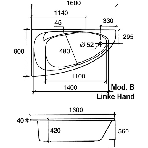 OTTOFOND Badewanne »Marina«, BxHxL: 90 x 42 x 160 cm, trapezförmig - weiss