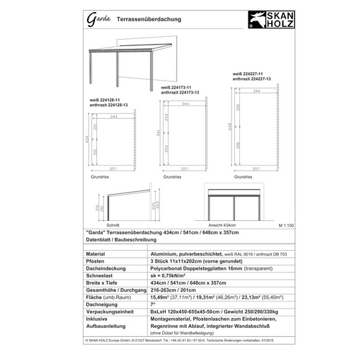 Thumbnail - SKANHOLZ Terrassenüberdachung »Garda«, Breite: 434 cm, Dach: Polycarbonat (PC), schiefergrau