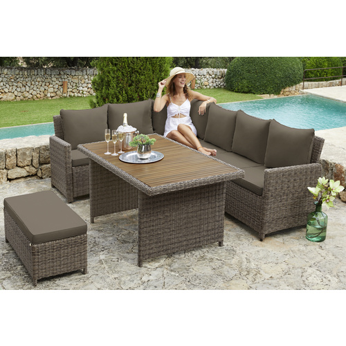 MERXX Loungeset Rimella, 18-tlg., Ecksofa, Bank, Tisch 90x160 cm, Akazie/Polyrattan