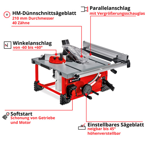 Thumbnail - EINHELL Akku-Tischkreissäge „TE-TS 36/210 Li-Solo“, 216 W, durchmesser-Sägeblatt: 210 mm - rot
